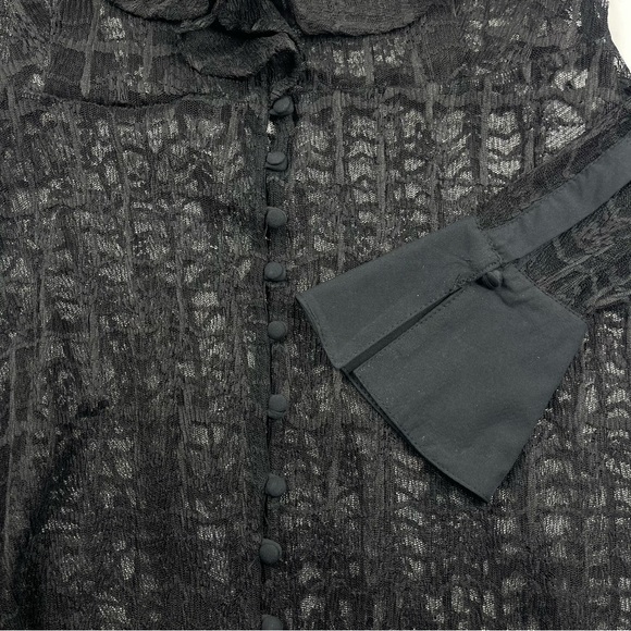 FREE PEOPLE Women's Black Sheer Lace Blouse Ruffle Neck Button Front Size Large - Picture 3 of 8